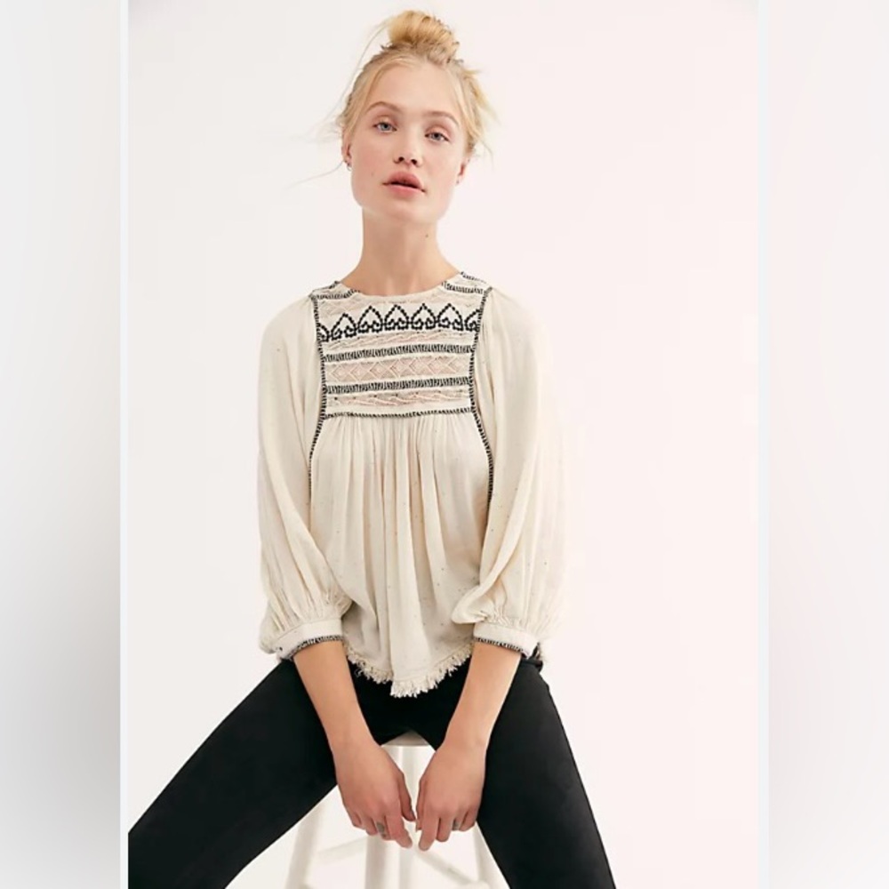 Free People Cyprus Avenue Embroidered Top. Cream & Black. Size: M